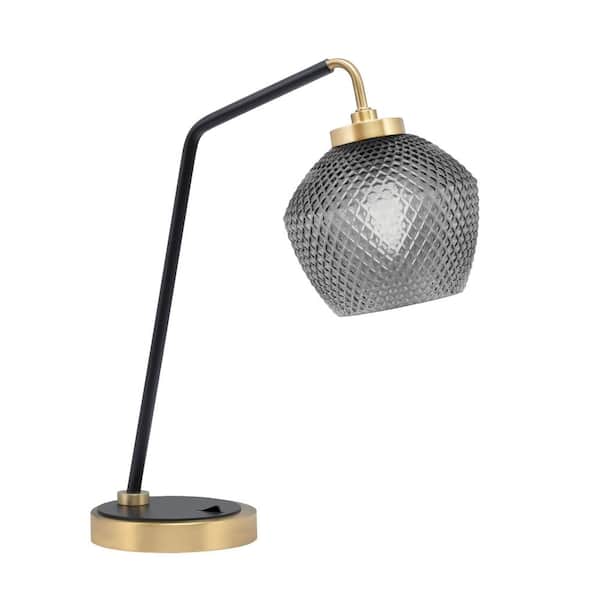 Unbranded Delgado 16.5 in. Matte Black and New Age Brass Desk Lamp with Smoke Textured Glass