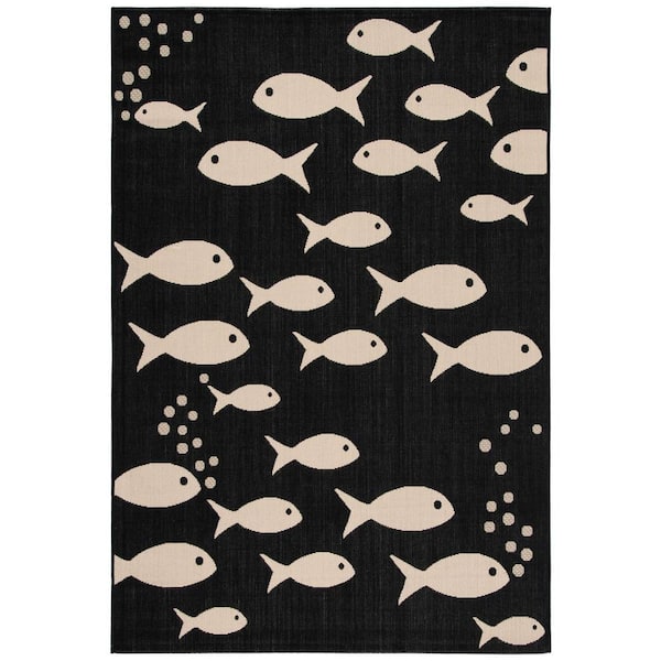 SAFAVIEH Courtyard Black/Beige Doormat 2 ft. x 4 ft. Novelty Fish Indoor/Outdoor Area Rug