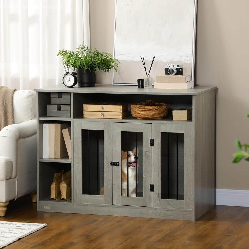 Gray Medium Wooden Dog Crate with Storage Shelves
