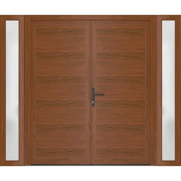 14+72+ 14 in. x 80 in. Right-hand/Inswing Frosted Glass Walnut Steel Prehung Front Door with Hardware