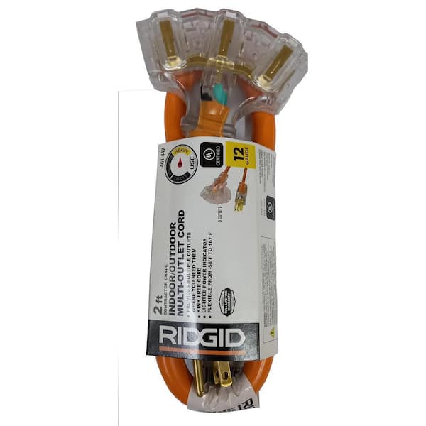 RIDGID 2 ft. 12/3 Heavy Duty Indoor/Outdoor Extension Cord with Multiple Outlet Triple Tap Lighted End, Orange/Grey