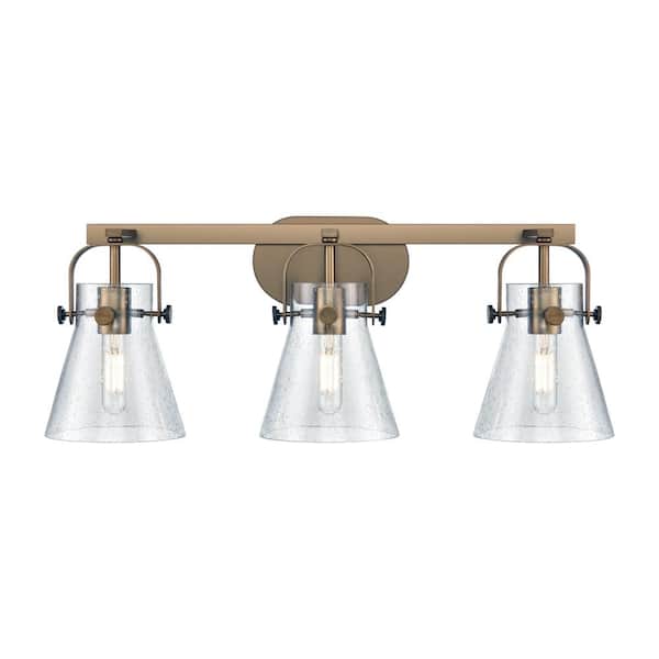 Innovations Pilaster II Cone 26.5 in. 3-Light Brushed Brass Vanity Light with Glass Shade