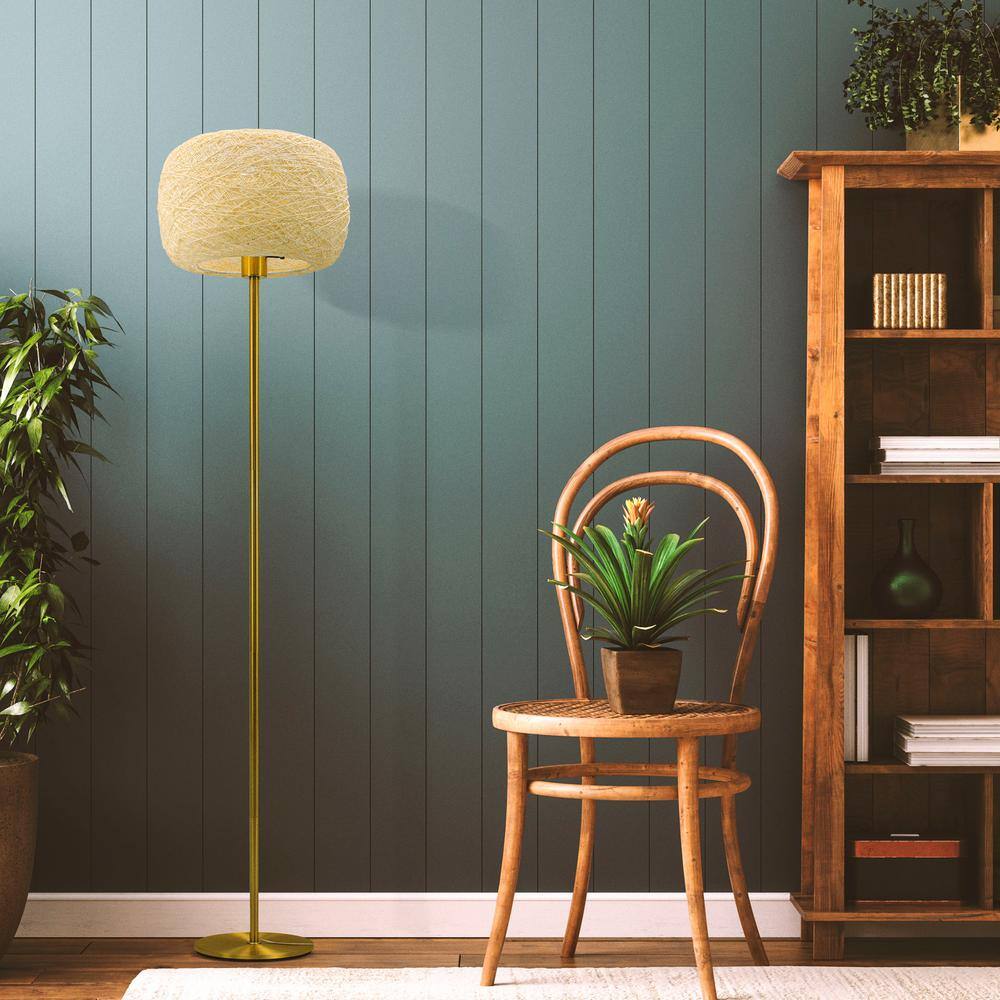 Elegant Gold LED Floor Lamp with Woven Shade