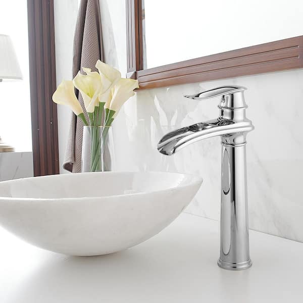 Waterfall Single Hole Single Handle Bathroom Vessel Sink Faucet with Drain Assembly in Polished Chrome