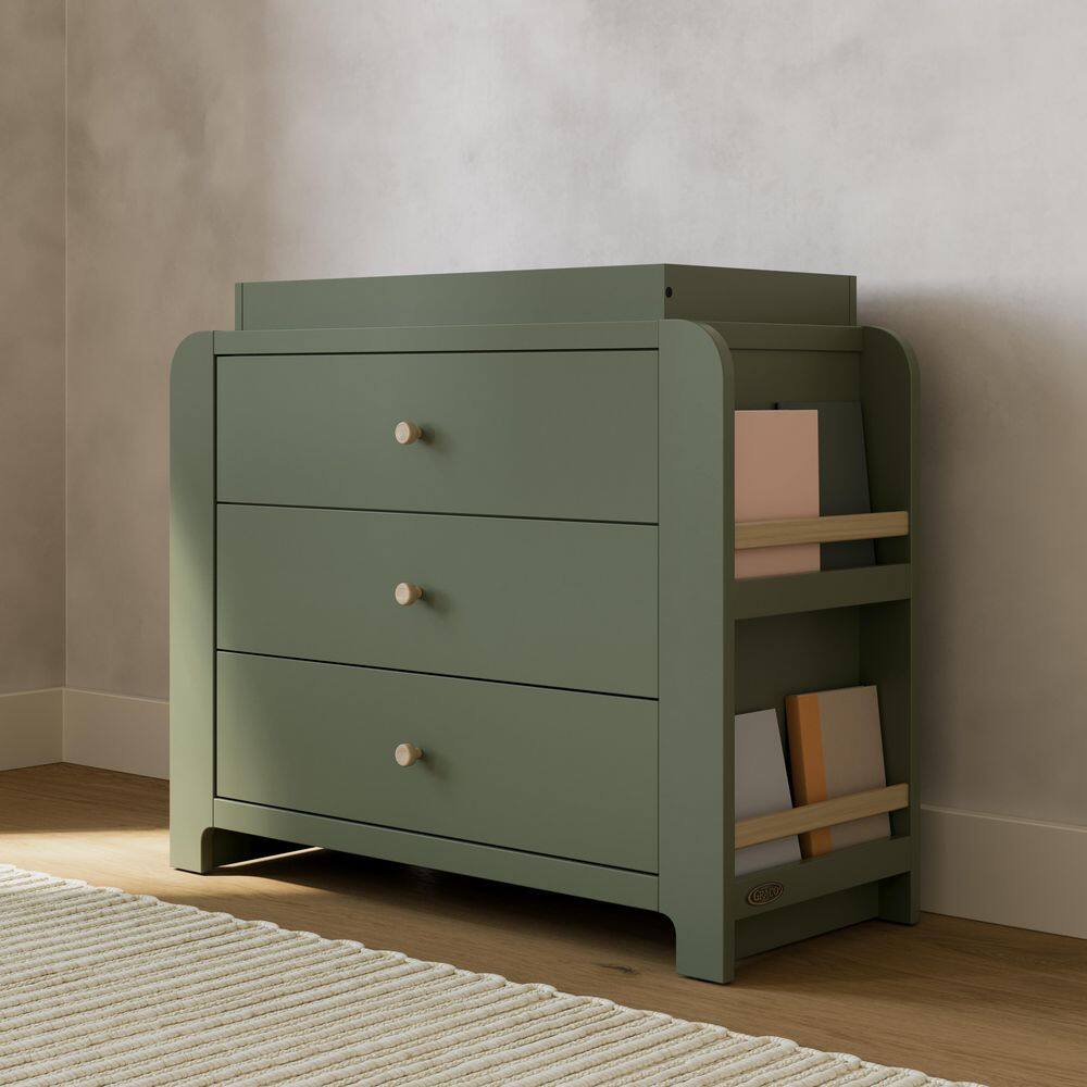 Read-with-Me Olive with Driftwood 3 Drawer 42.87 in. Wide Dresser with Changing Topper