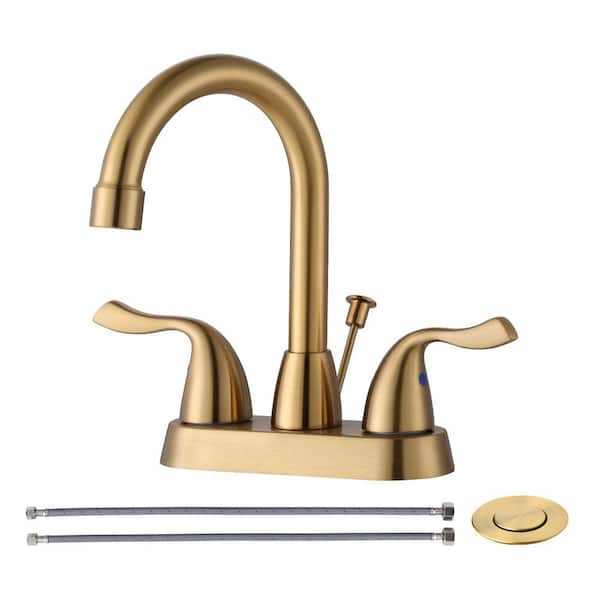 AVITAS Modern Double Handle 4 in. Centerset High Arc Bathroom Faucet with Lift Rod Drain Assembly in Brushed Gold