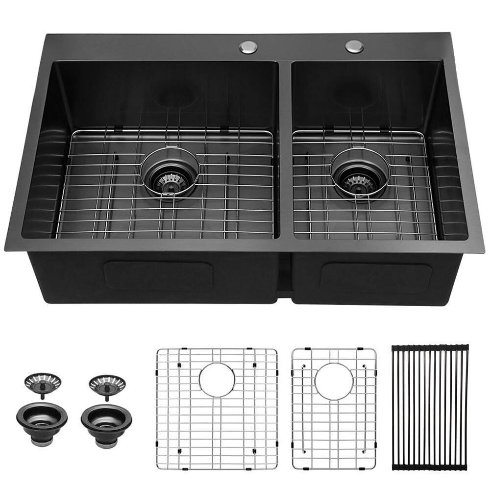 33 in. Drop-In Double Bowl 16-Gauge Gunmetal Black Stainless Steel Workstation Waterfall Kitchen Sink with Bottom Grids price history on PriceWatchPro