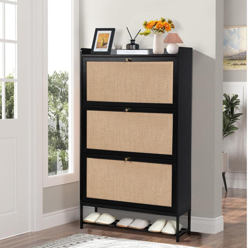 ATHMILE Black Wooden Shoe Storage Cabinet with Triple-Tier ATHMILE Black Wooden Shoe Storage Cabinet with Triple-Tier