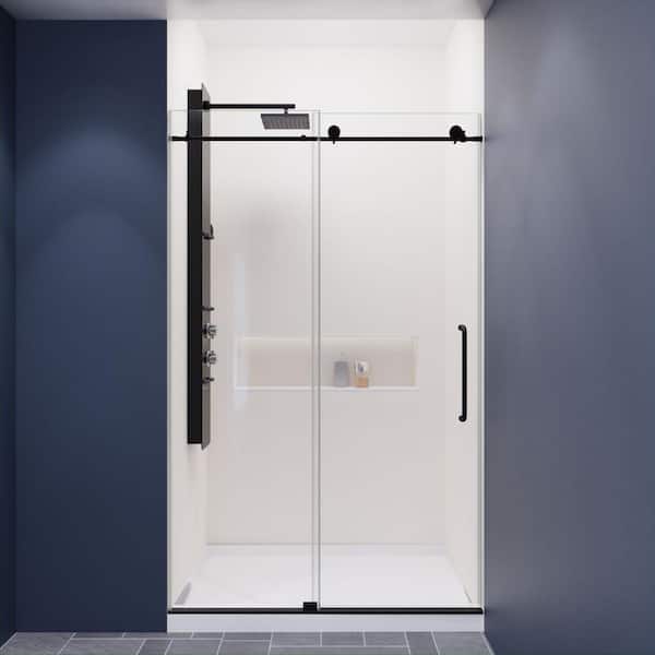ANZZI Madam Series 48 in. x 76 in. Frameless Sliding Shower Door in Matte Black with Handle