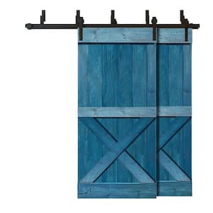 76 in. x 84 in. Mini X Bar Bypass Ocean Blue Stained Solid Pine Wood Interior Double Sliding Barn Door with Hardware Kit
