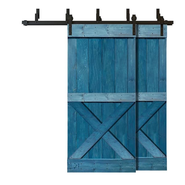 CALHOME 76 in. x 84 in. Mini X Bar Bypass Ocean Blue Stained Solid Pine Wood Interior Double Sliding Barn Door with Hardware Kit