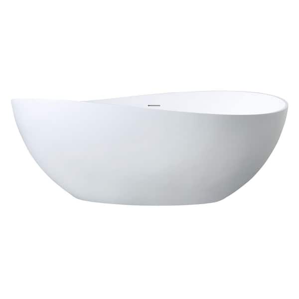 Arcticstone 63 in. x 37.4 in. Solid Surface White Stone Oval Flatbottom Soaking Bathtub with Drain in Matte White