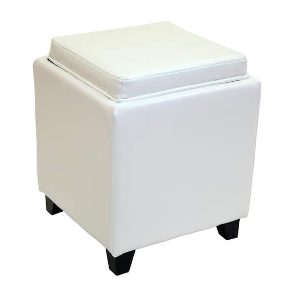 Armen Living Rainbow White Contemporary Storage with Tray in Bonded Leather Ottoman