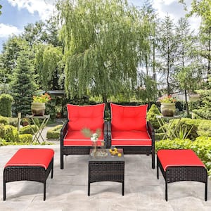 5-Piece Wicker Patio Conversation Set Sofas and Ottoman Set with Table and Red Cushions