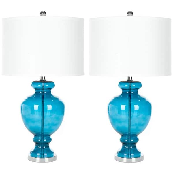 SAFAVIEH Glass 28 in. Turquoise Vase Table Lamp with Off-White Shade (Set of 2)