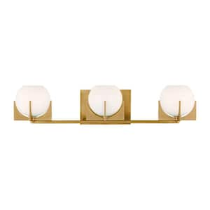 Abbott 24 in. 3-Light Burnished Brass Mid-Century Modern Wall Bathroom Vanity Light with Round Milk Glass Shades