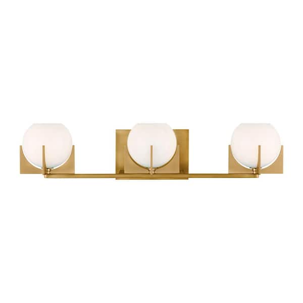 Generation Lighting Abbott 24 in. 3-Light Burnished Brass Mid-Century Modern Wall Bathroom Vanity Light with Round Milk Glass Shades