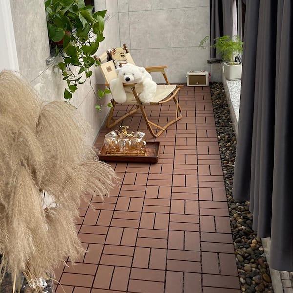 GOGEXX 1 ft. W x 1 ft. L Outdoor Pattern Square PVC Drainage Interlocking Flooring Deck Tiles (Pack of 44 Tiles)in Brown