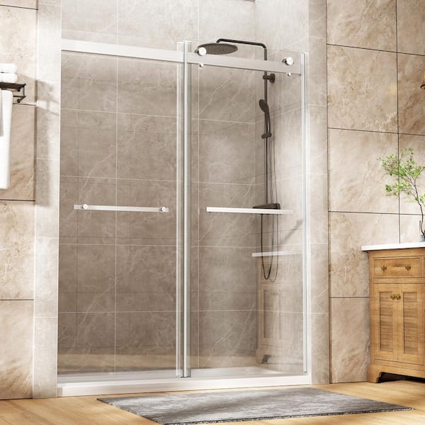 60 in. W x 75 in. H Double Sliding Frameless Shower Door in Brushed Nickel with 5/16 in.Tempered Glass, Double Buffer