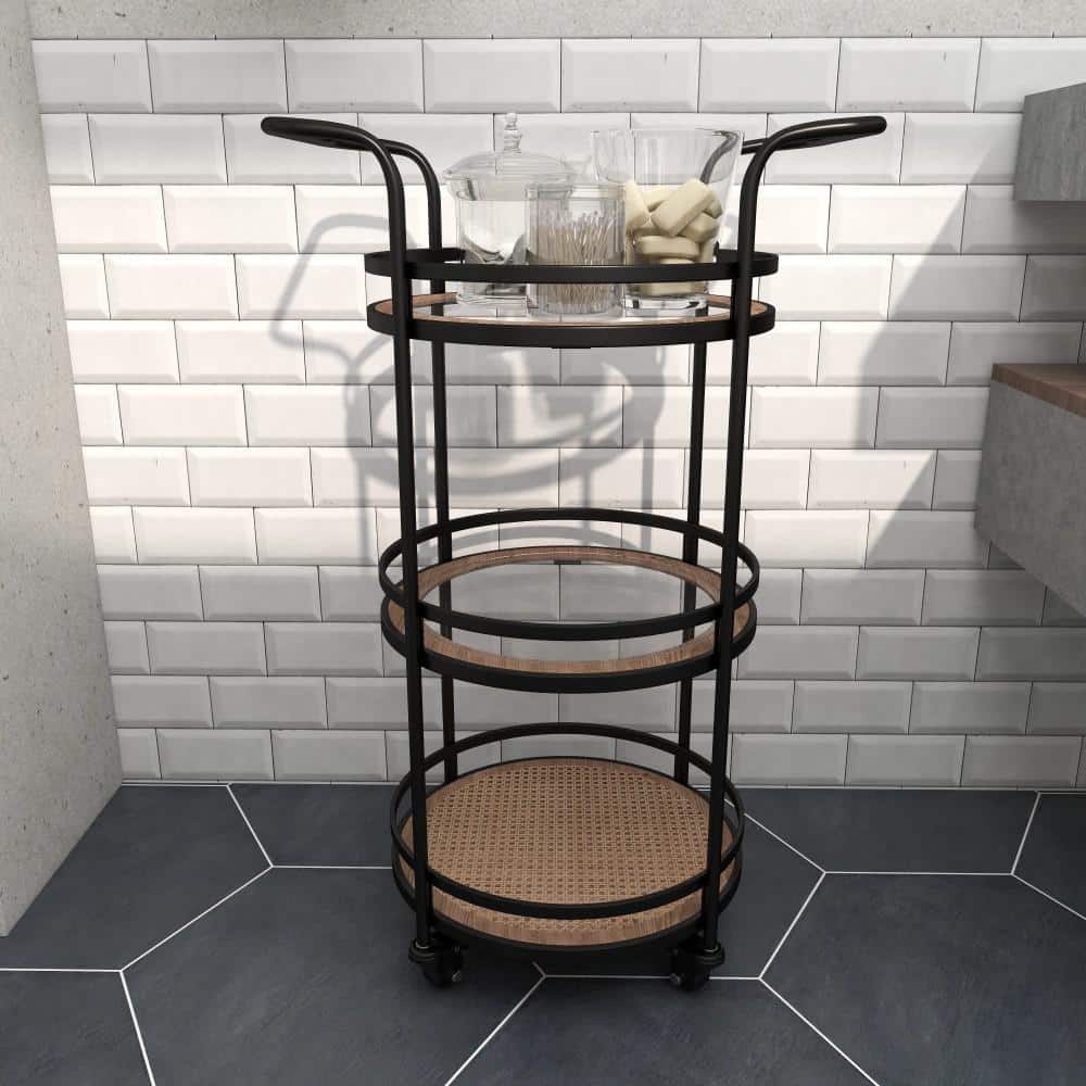 21'' Brown Metal and Rattan Round Bar Cart with Glass Shelves