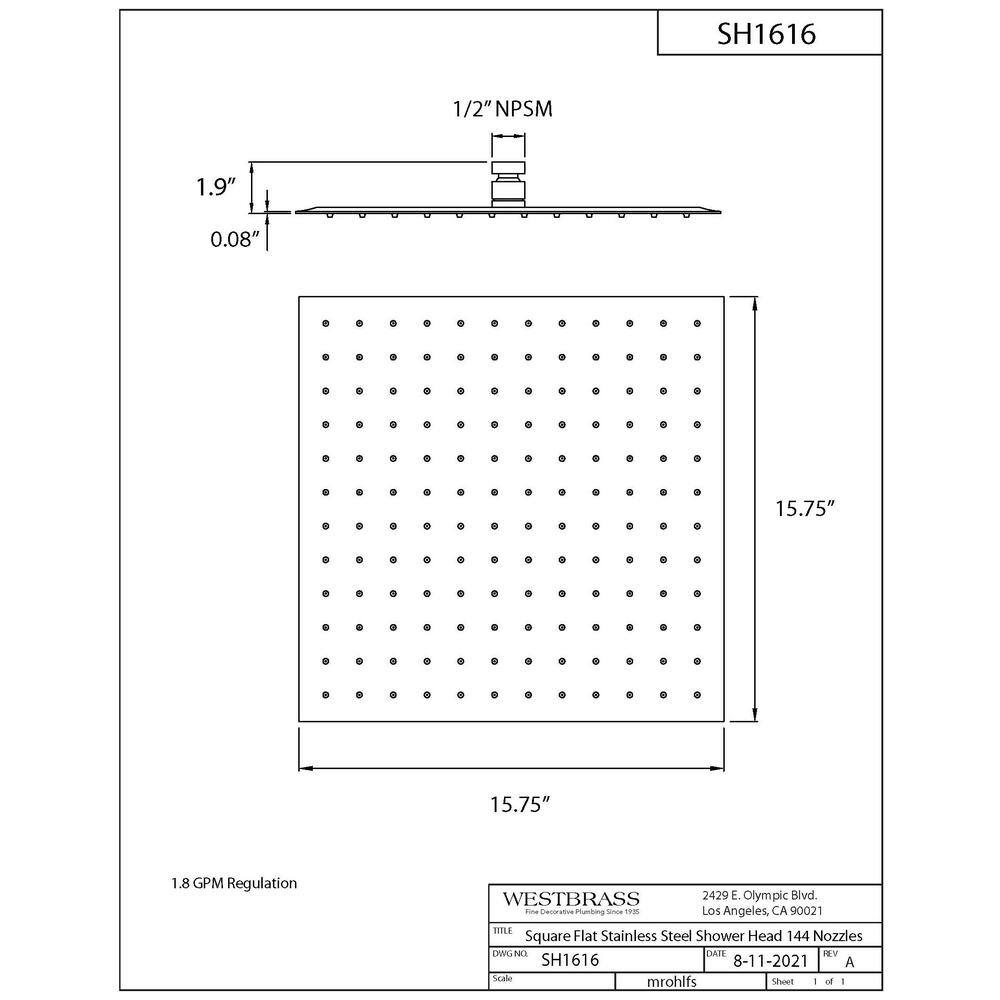 16" Satin Nickel Square Rainfall Shower Head
