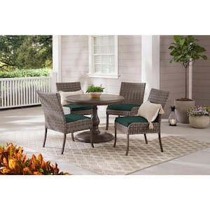 Windsor 5-Piece Brown Wicker Round Outdoor Patio Dining Set with CushionGuard Charleston Blue-Green Cushions