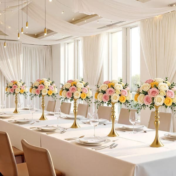 Wedding Flower Vase, 15 in. Table Centerpieces, Crystal Banquet Vases, Steel Flared Versatile Stand, Gold, 16 Piece