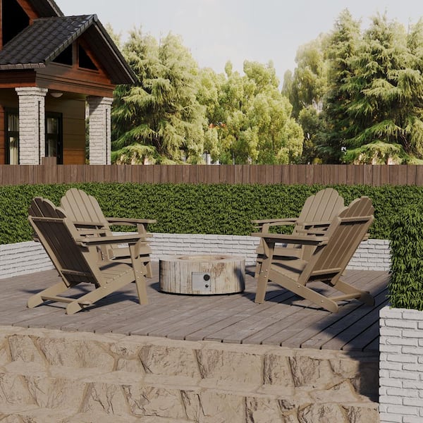 CASAINC 28 in. 5-Piece Metal Patio Fire Pit Set Fire Pit Table and Gray Brown Adirondack Chairs w/Cup Holder and Umbrella Holder