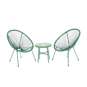 Fresh Green 3-Piece Wicker Flexible Rope Patio Conversation Set with Tempered Glass Top Table for Garden, Backyard