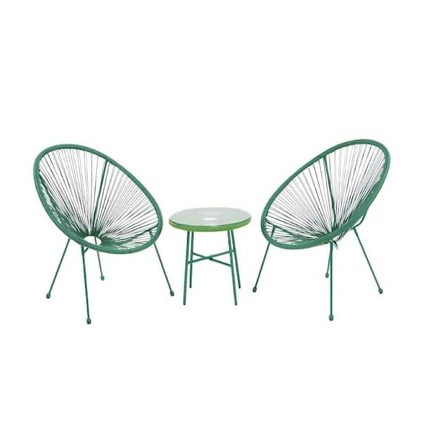 Unbranded Fresh Green 3-Piece Wicker Flexible Rope Patio Conversation Set with Tempered Glass Top Table for Garden, Backyard