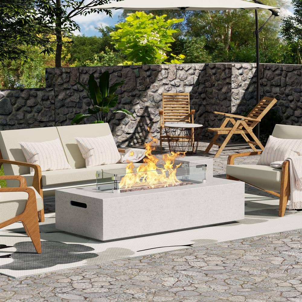 56 in. 3-Piece Round Rectangle Concrete Outdoor Propane Gas Fire Pit Table,