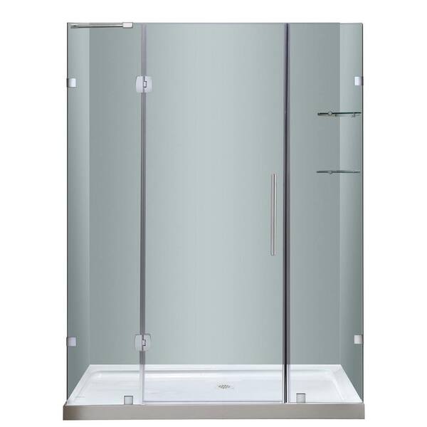 Aston Soleil 60 in. x 77-1/2 in. Completely Frameless Hinge Shower Door in Stainless Steel with Glass Shelves and Center Base