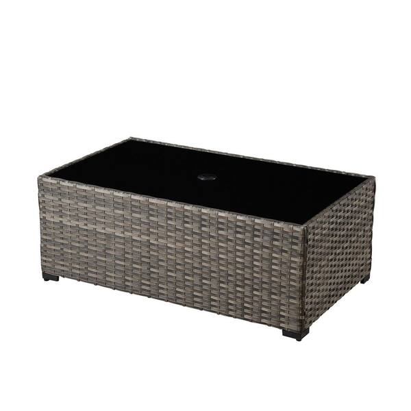 OculusG Rectangle Wicker Outdoor Patio Coffee Table with Tempered-Glass Top and Umbrella Hole