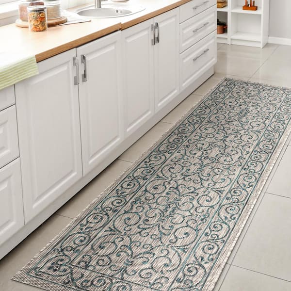 JONATHAN Y Charleston Vintage Filigree Textured Weave Gray/Teal 2 ft. x 8 ft. Indoor/Outdoor Runner Rug