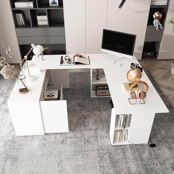 FUFU&GAGA 72.4 in. W U-Shaped White Wood Computer Desk