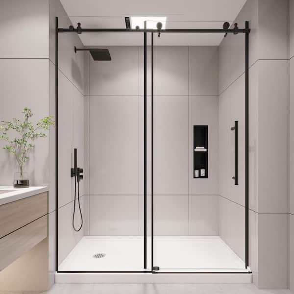 KPUY 50 to 54 in. W x 76 in. H Frameless Exposed Roller Sliding Shower Door in Matte Black with 1/4 in. Clear Glass