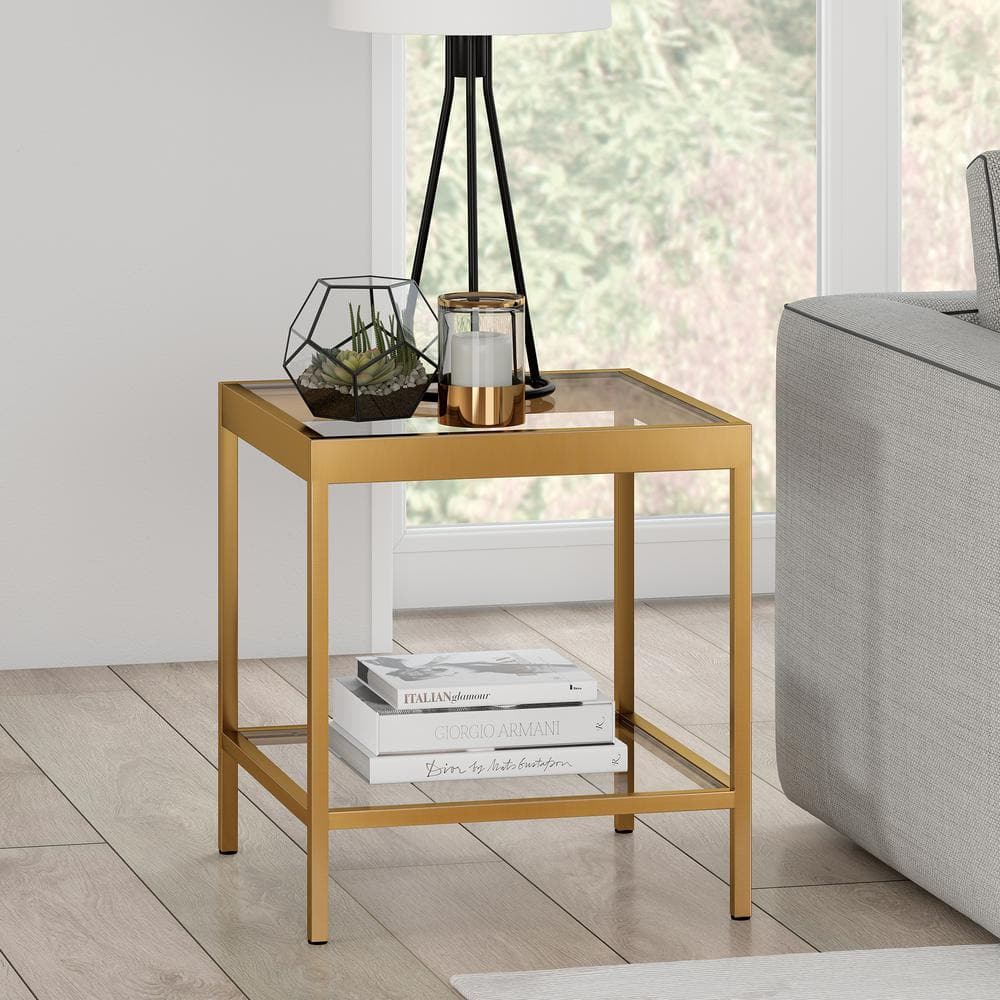 Sleek 20" Brass Square Side Table with Glass Shelves