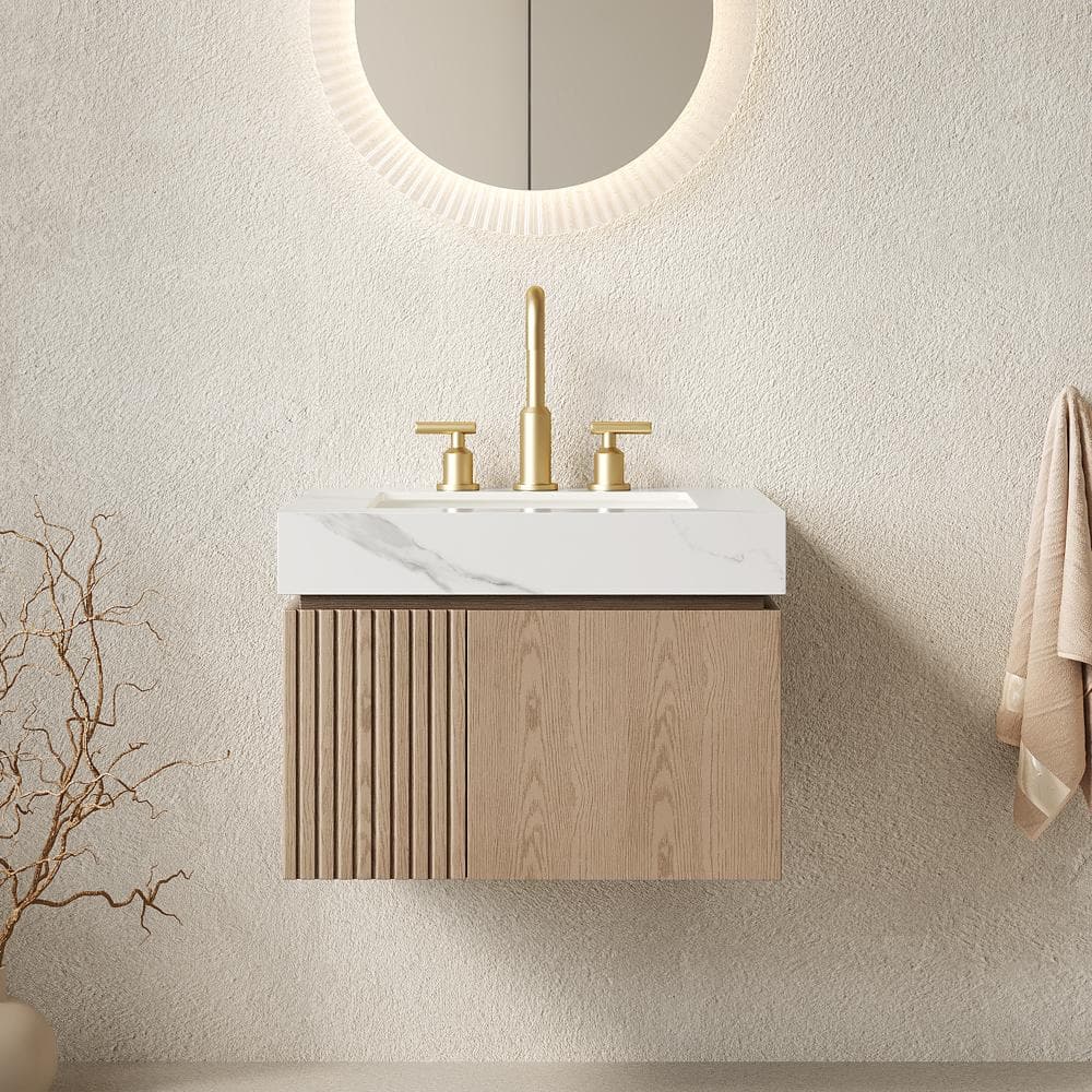 MURI 24 in. Floating Bathroom Vanity with Sink, Carrara White Sintered Stone Top, Ceramic Basin, Heidelberg Woodgrain price history on PriceWatchPro