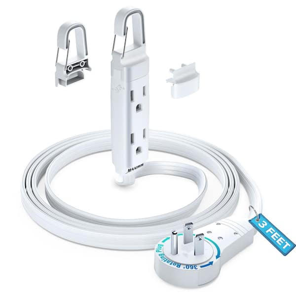 MAXIMM 3 ft. 16/3 Light Duty Indoor Extension Cord with 360° Rotating Flat Plug 3-Outlet with Hook, White