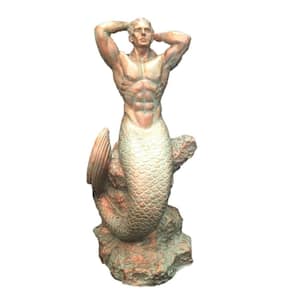 16 in. H Bronze Patina Sexy Merman Mermaid Sitting on Rock Nautical Beach Statue