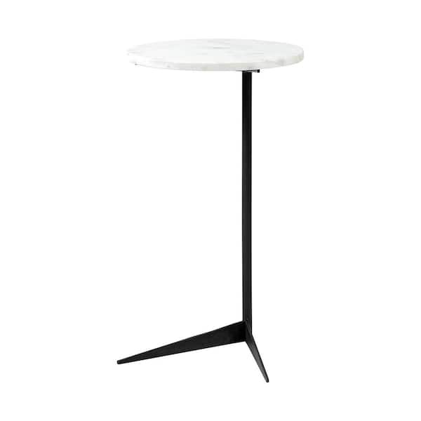 Mercana Ballantine II side table featuring an exuberant, round white marble top braced by a sleek, solid black iron base