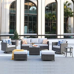 New Vultros Gray 7-Piece Wicker Outdoor Patio Conversation Set with Gray Cushions and Swivel Rocking Chairs