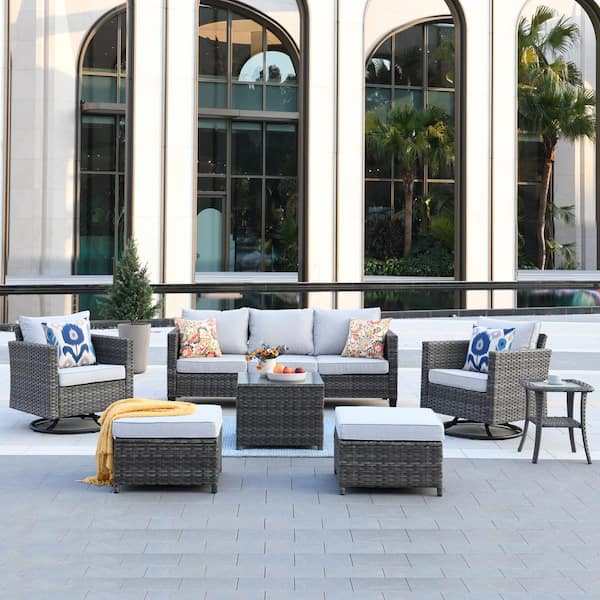 OVIOS New Vultros Gray 7-Piece Wicker Outdoor Patio Conversation Set with Gray Cushions and Swivel Rocking Chairs