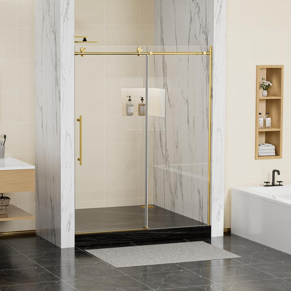 56 in. to 60 in. W x 75 in. H Sliding Frameless Shower Door in Brushed Gold