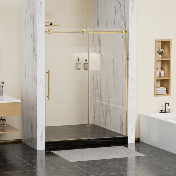 56 in. to 60 in. W x 75 in. H Sliding Frameless Shower Door in Brushed Gold with Clear Glass