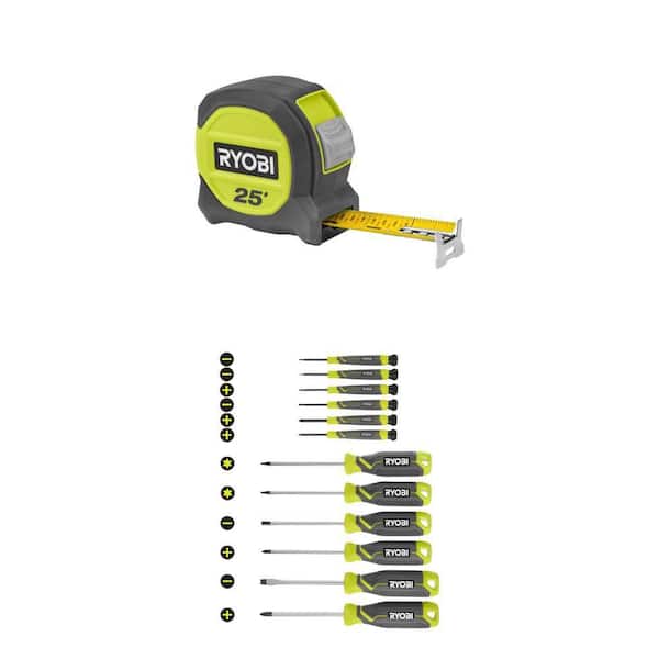 25 Ft. Compact Tape Measure and Screwdriver Set (12-Piece) with Cushion Grip Handles Combo