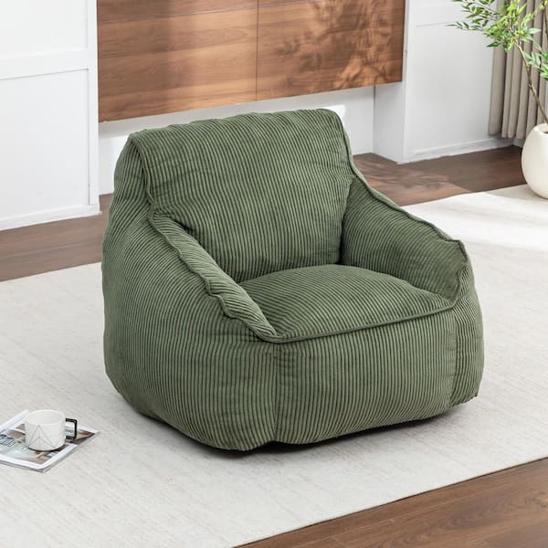 Green Corduroy Bean Bag Chair with Backrest and Armrests, Adult Floor Sofa Chair for Bedroom or Living Room