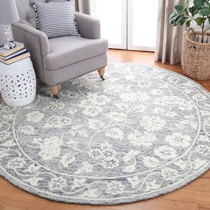 Capri Blue/Ivory 7 ft. x 7 ft. Border Scroll Floral Round Area Rug