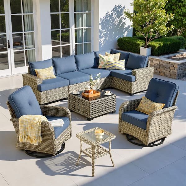 Merritt 9-Piece All-Weather Wicker Outdoor Patio Conversation Sectional Set with Swivel Chairs and Denim Blue Cushions
