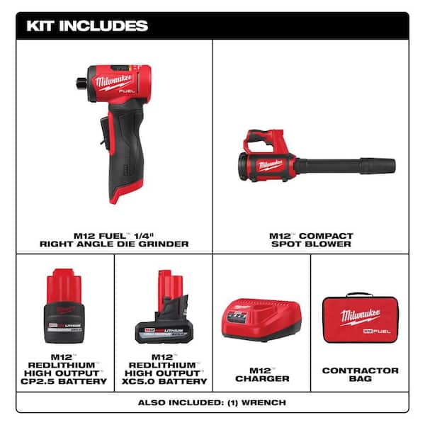 M12 FUEL 12V Lithium-Ion Brushless Cordless 1/4 in. Right Angle Die Grinder with M12 Cordless Compact Spot Blower